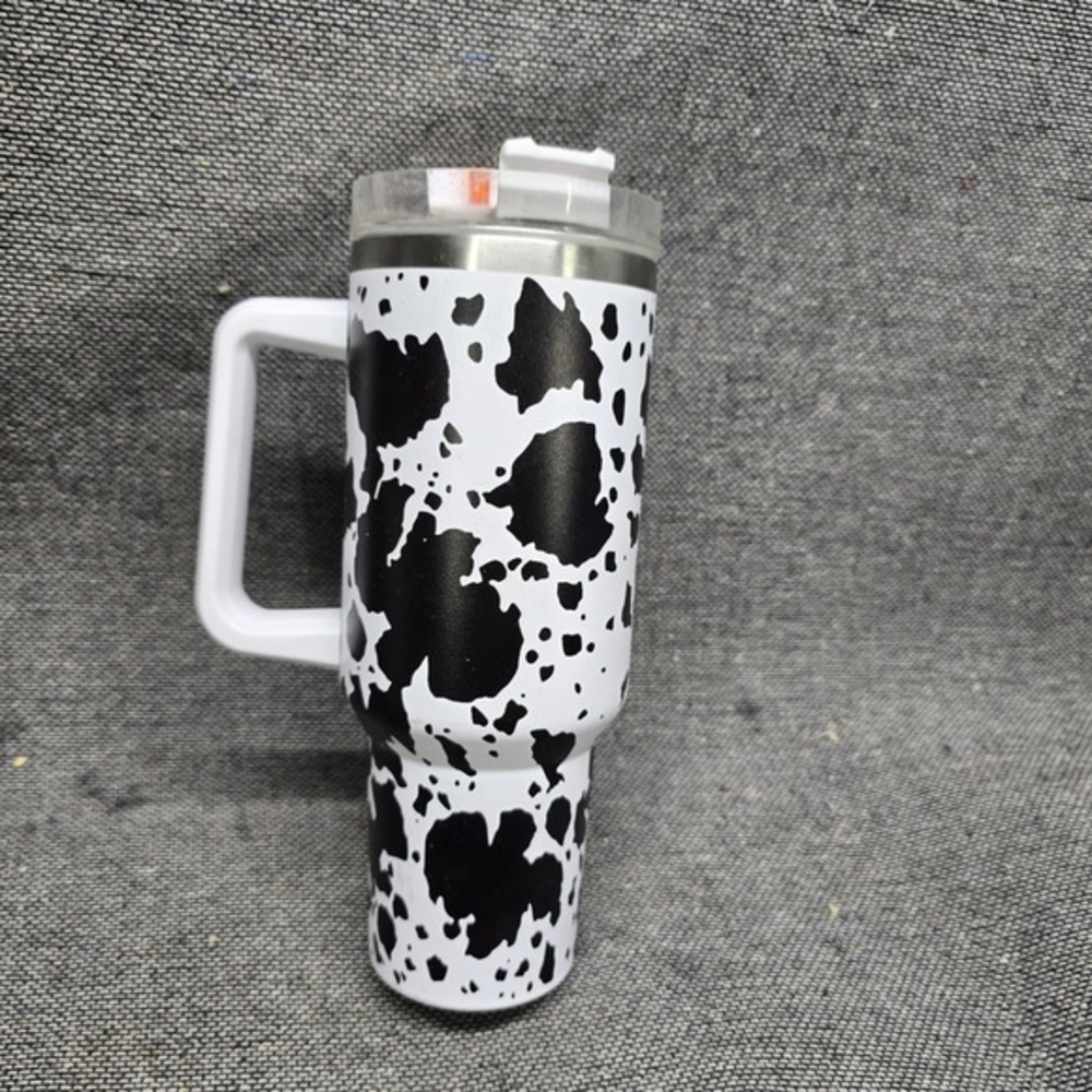 Tumbler Cow Print Insulated Travel Mug 40oz White Black Good Handle